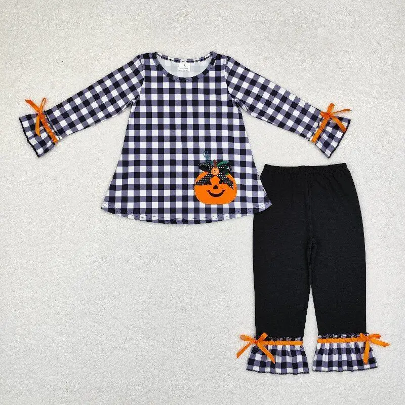 Ready to ship baby girl long sleeve embroidery pumpkin top ruffle pants outfit wholesale boutique clothes kids fashion outfit