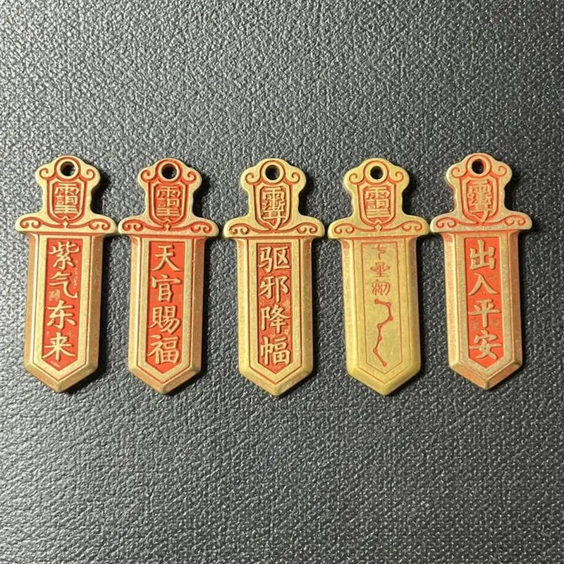 Cinnabar Taoist jewelry, brass carving, copper statue, amulet, auspicious words, peace symbol, sword keychain, unisex necklace p