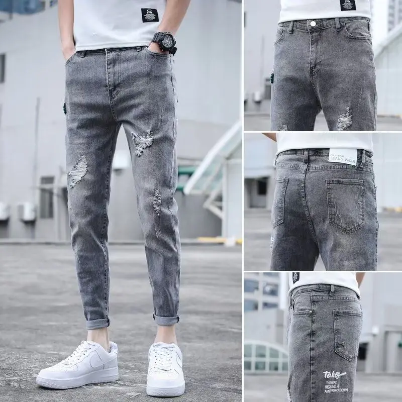 

Spring Trendy Elastic Nine-Piece Jeans Men's Slim Fit Casual Faion New Sle Summer Pants Polyester Fiber Youth Busin Ca...