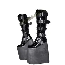 Cool Style Rivets Decor Buckle Belts Knee High Boots Thick Soled Wedges High Heel Fashion Women Shoes 2024 Zapatos Para Mujere