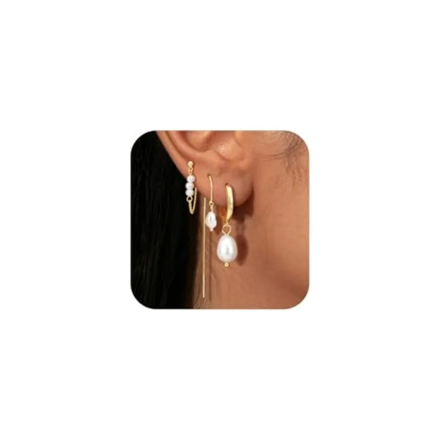 

Turandoss Pearl Earrings Set for Women Trendy Dainty Pearl Dangle Hoop Earrings Mismatched Threader and Stud Earrings Stack Jew