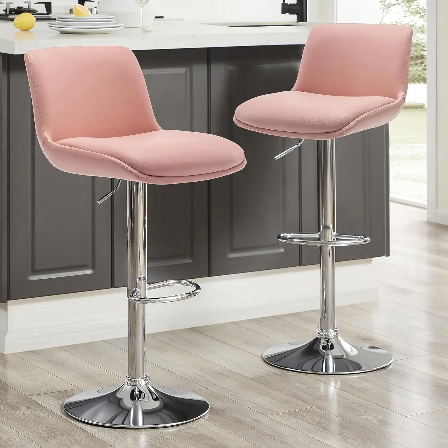 

Bar Stools,Modern Upholstered Swivel Stool with Back for Bar and Counter Height, Adjustable Height 24" to 34",Set of 2,PU in Pi
