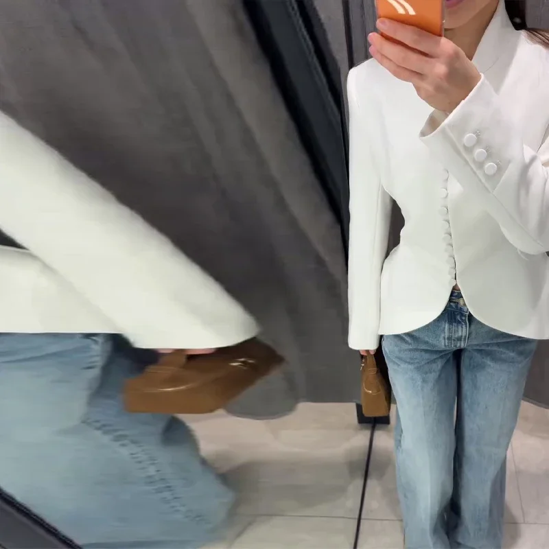 Eleganter, schmaler Blazer mit Knöpfen für Damen, schwarz, einreihig, V-Ausschnitt, lange Ärmel, Damenmäntel, Herbst/Winter 2026, Damenoberbekleidung – Detail 6