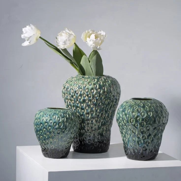 Creative engraving green strawberry home decoration ceramic modern vase three-piece set