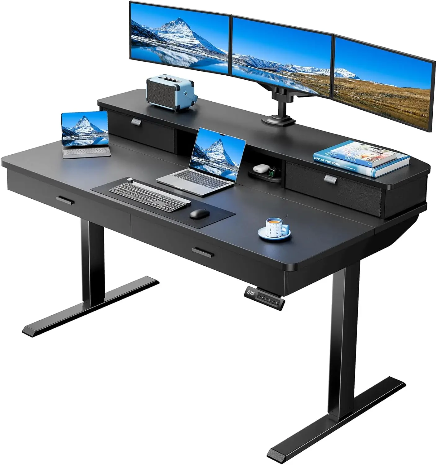 55 x 30 inch Electric Standing Desk with 4 Drawers, Adjustable Height Sit Stand Home Office Desk with Two Tiers, Monitor Stand