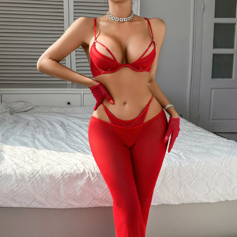 

2025Новые повседневные сетчатые длинные брюки, формирующие тонкое сексуальное женское белье, комплект из двух предметов с перчатками