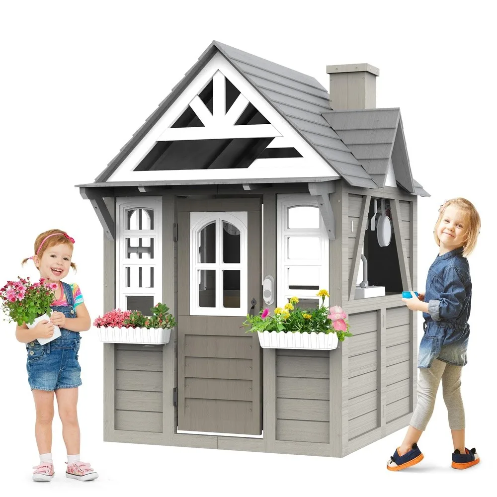 Outdoor Kids Playhouse All Fir Gray Modern Wooden Playhouse Indoor Outdoor Cottage Play House w/Sink Stove Cookware