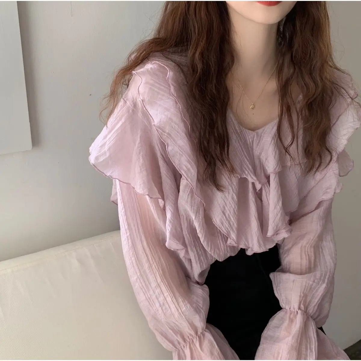 Solid Blouse Women All-match Ruffles V-neck Loose Preppy Style Long Sleeve Simple Fashion Thin Breathable Streeetwear Ins Slim