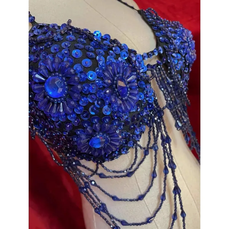 Top árabe personalizado para danza del vientre, ropa interior con sujetador para mujer, borla colorida, diamante brillante, patrón Sexy, vestido de actuación con corsé