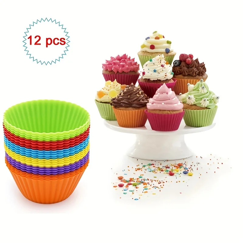 12Pcs Silicone Muffin Cupcake Liners, Reusable Non‑stick Baking Molds for Cupcakes, Muffins, Jelly, Home Kitchen Baking Tools