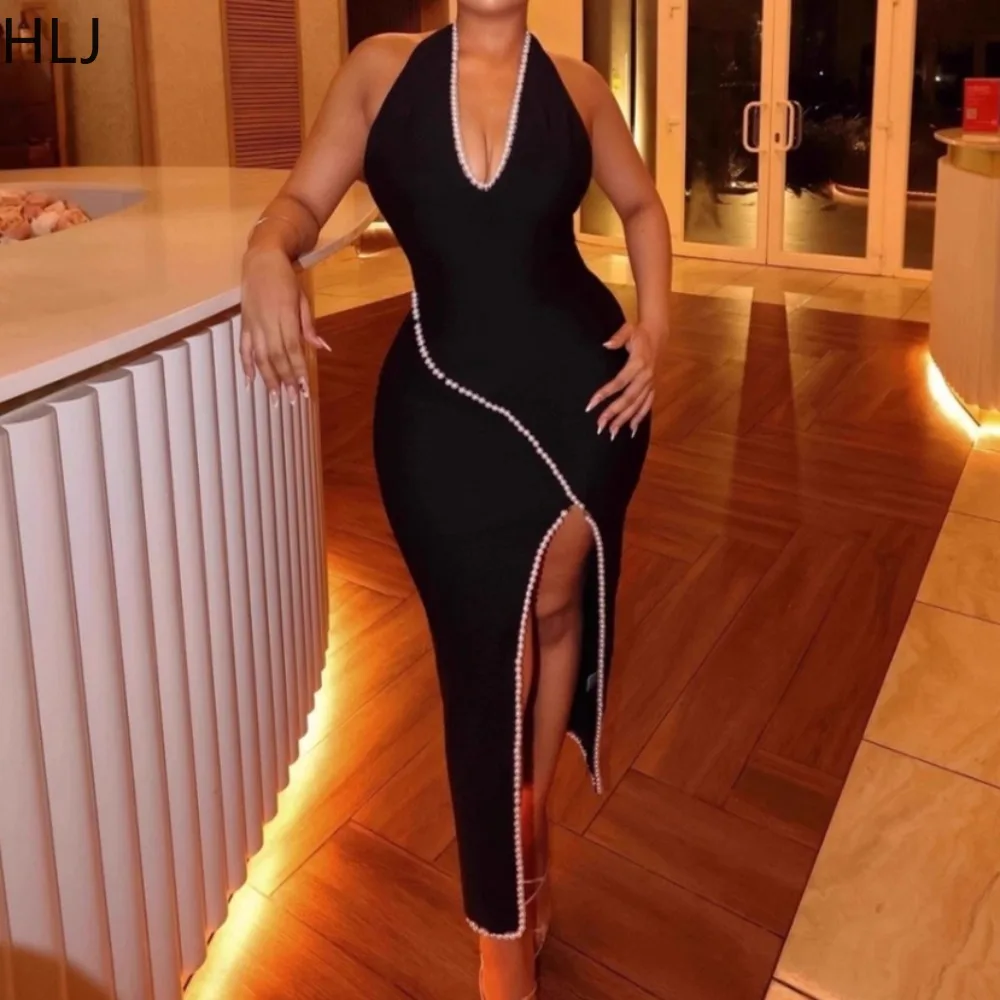 HLJ 우아한 진주 패치워크 바디콘 드레스 여성용 홀터 슬리브리스 백리스 불규칙 드레스 여성 스트리트웨어 베스티도스 신상품