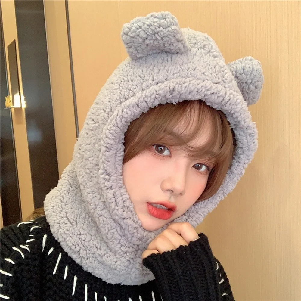 Cute Bear Ears Beanies Women Winter Head Hood Scarf Hat Cap Thicken Cozy Warm Bonnet Female Lamb Balaclava Riding Bobble Hat