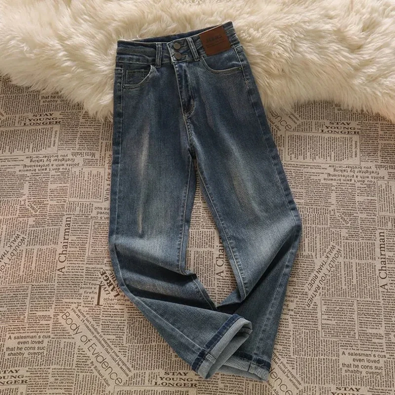 Korean Style Fashionable Suit with Lace Up Stripes Short Knit Sweater Women's Wide Leg Straight Leg Jeans Two-piece Set