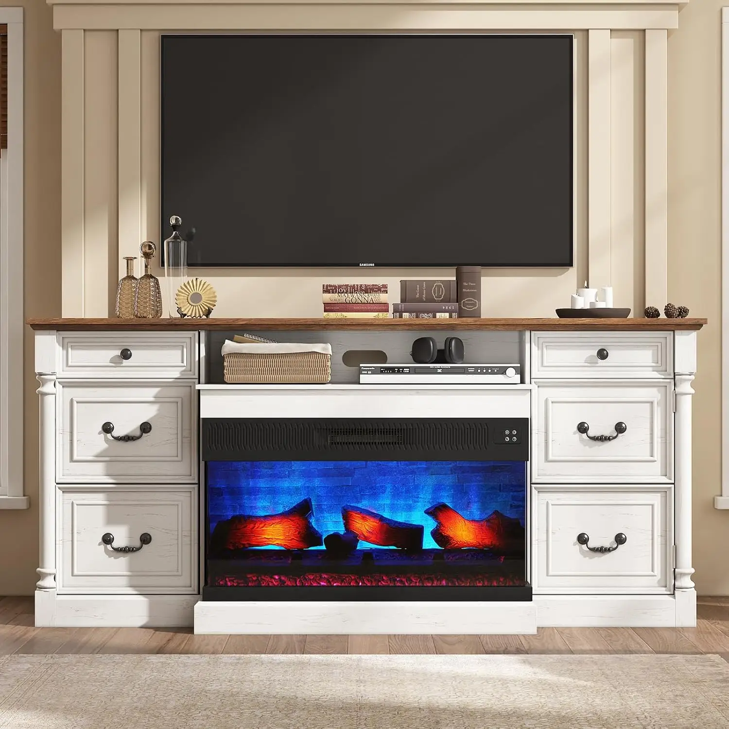 Amerlife 75"" Farmhouse Tv Stand With 36'' 3-Sided Glass Fireplace, Large Entertainment Center With 2 Drawers & Doors Closed