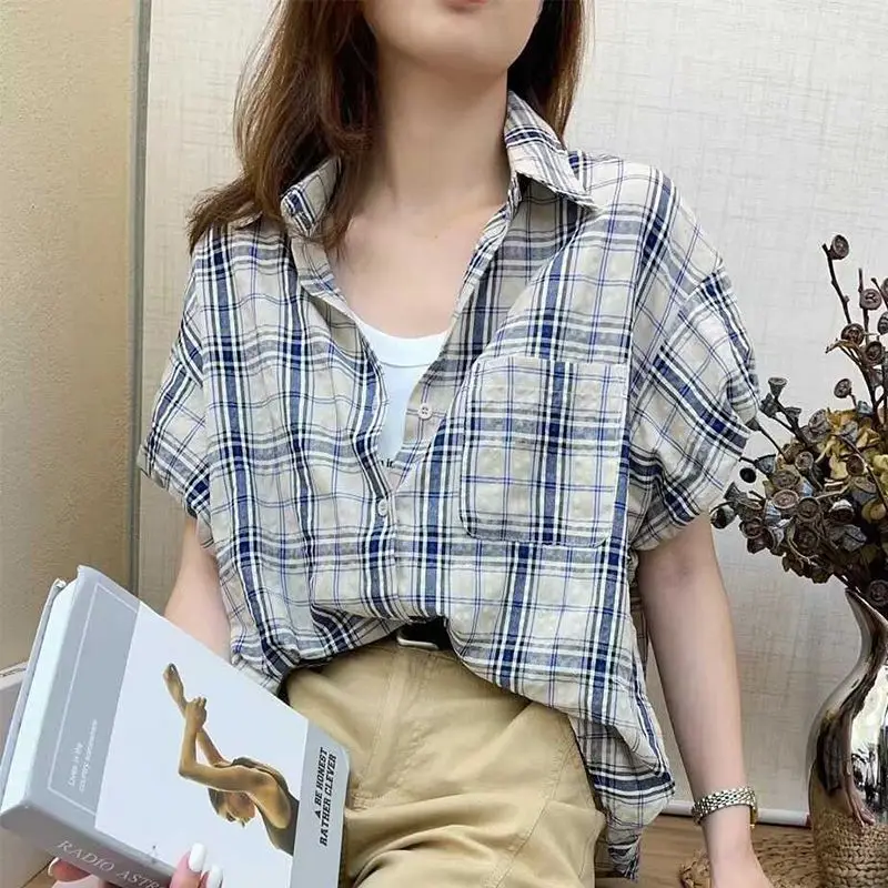 

Women Clothing Summer Fashion Casual Plaid Color Blocking Polo Collar Women Shirts All-match Appear Thin Commuting Short Sleeve