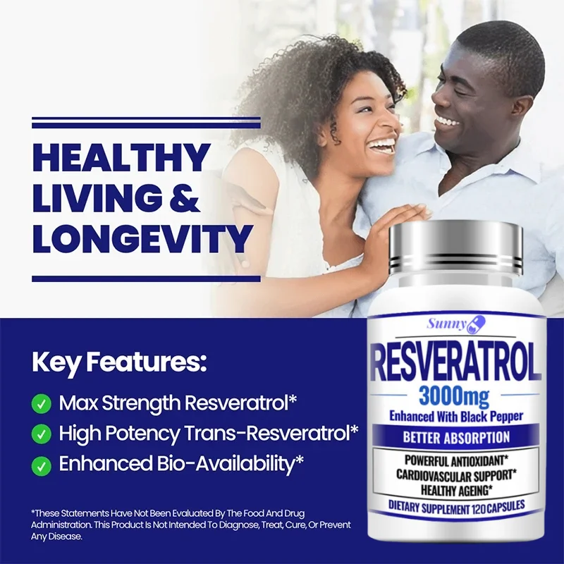 Natural Resveratrol Antioxidant Supplement - Balances Body Energy, Skin Cell Health, Improves Brain Function and Immune System