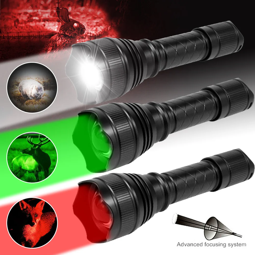 500 Yards T21 Hunting Flashlight Green/Red/White Zoom Professional Torch 1-Mode USB Rechargeable Hog Predator Varmint Lantern