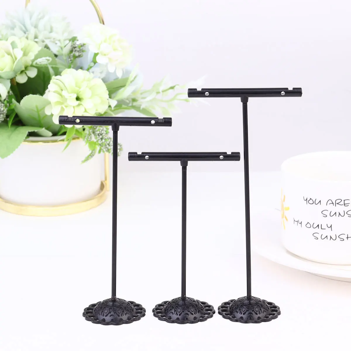 

3Pcs Iron Earrings Display Stand T-Shape Jewelry Organizer Holder for Earrings Bracelets Keys Black Elegant Display