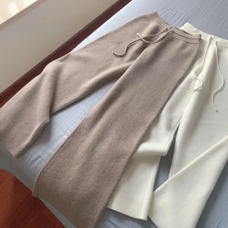 2024Autumn and Winter New High Waist Loose Knitted Wide-Leg Pants Women's Draping Wool Outer Wear Straight Wide Leg Mop Trousers