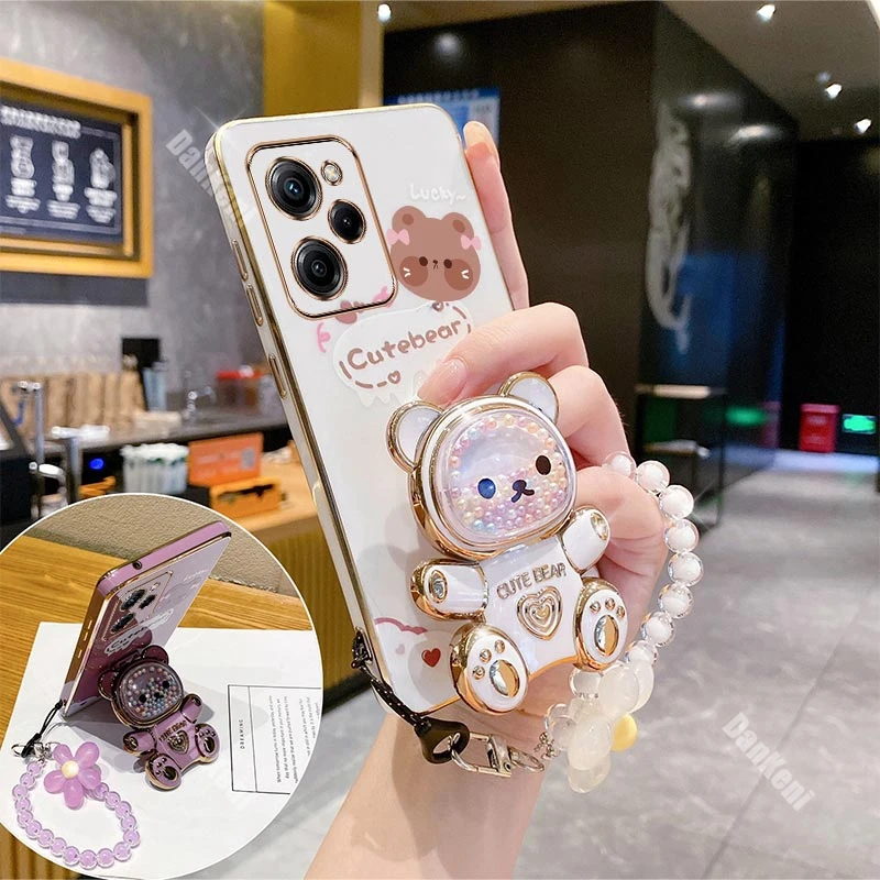 X5Pro Lucky Bear Holder Bracelet Plating Phone Case For Xiaomi POCO X5 X5Pro X4Pro X4GT X3 X3Pro X3NFC M4 M3 C65 C55 C40 Cover