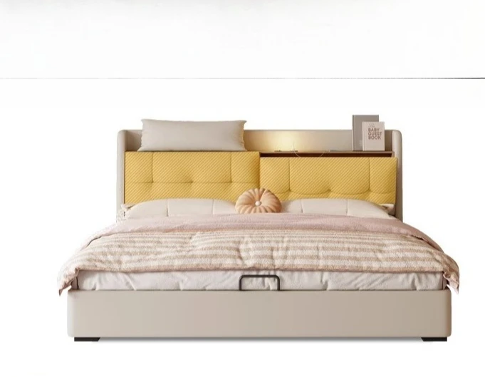 

Multifunctional storage leather bed 1.8 meters double bed cream wind master bedroom wedding bed, high box drawer