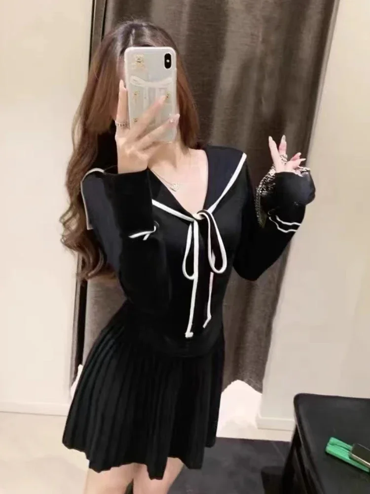 Small Fragrance Knit Matching Sets Sailor Collar Lace Up Striped Contrast Color Pullover Pleated High Waist Skirt Women Clothing