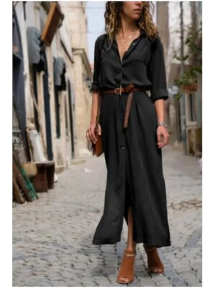 الربيع الصيف التلبيب بأكمام طويلة واحدة الصدر الشق منتصف طول فستان المرأة حزام الموضة بلون فضفاض فساتين قميص الإناث