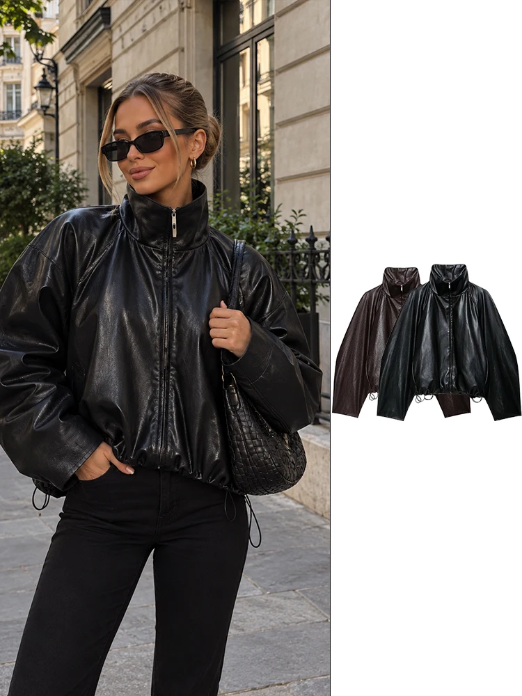 HH Urban Chic Zip Up Jacket for Women Spring Fall 2026 Dark Brown Leather Cropped Silhouette Casual Travel Daily Wear