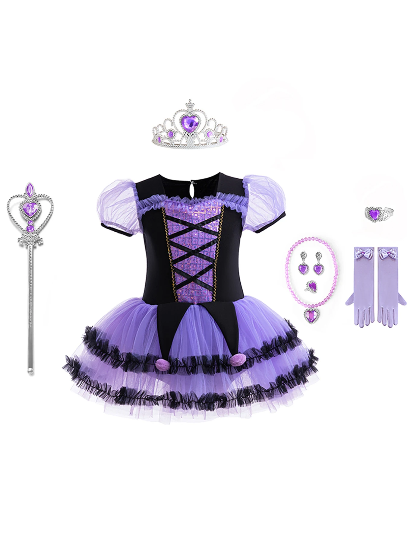 

Girls' Purple Princess Tutu Dress Set Toddler Lace Layered Tulle Skirt Ruffle Trim Kids Halloween Birthday Party