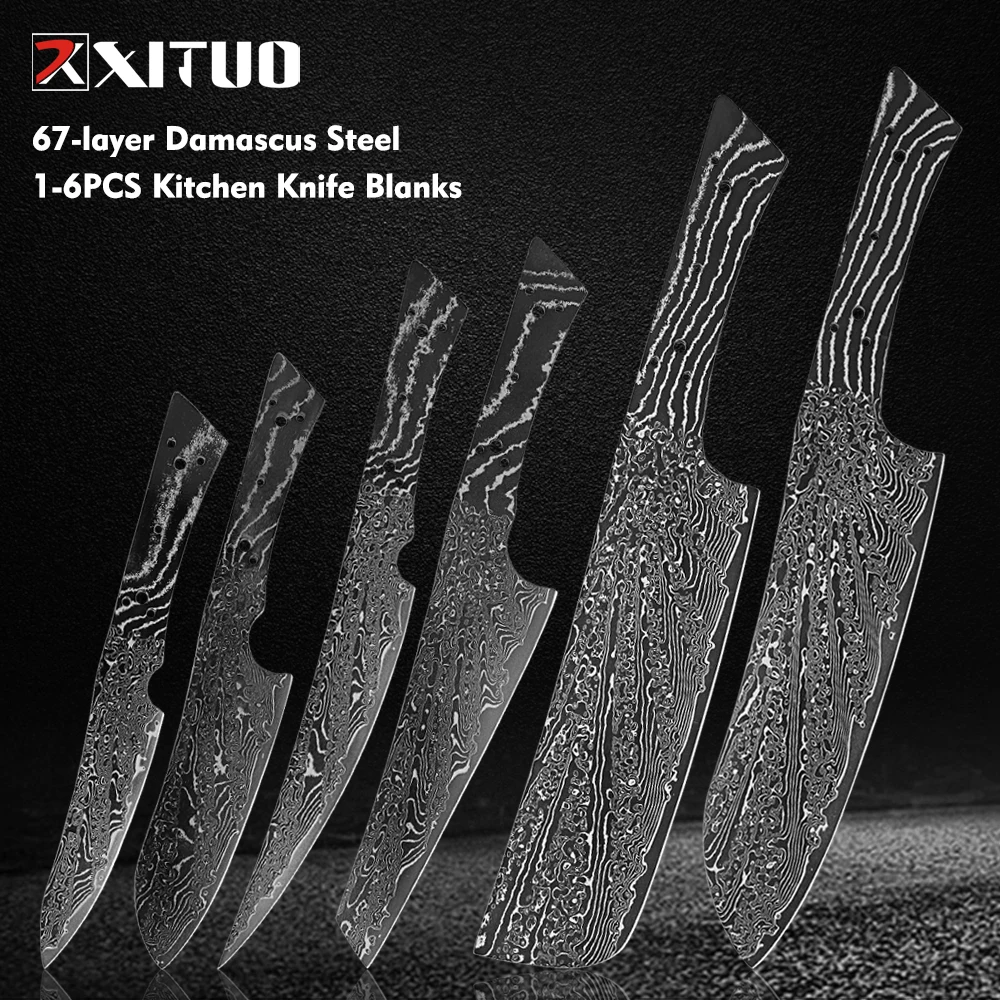 XITUO Damascus Steel Knife Blank 1-6PCS,Handmade Full Tang Santoku,Nakiri,Utility,Fruit Knife,DIY Black Blade,Sharp & Durable