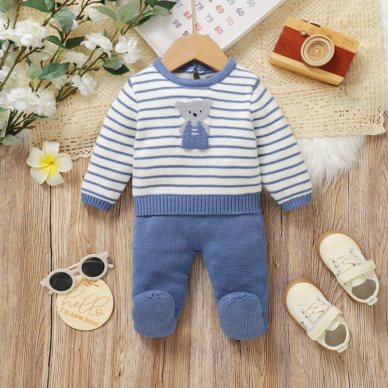 Newborn Baby Clothes Sets Knitted Children Pollover Cute Bear +Trousers 2PCS Infant Girls Sweater Pants Long Sleeve Warm Autumn