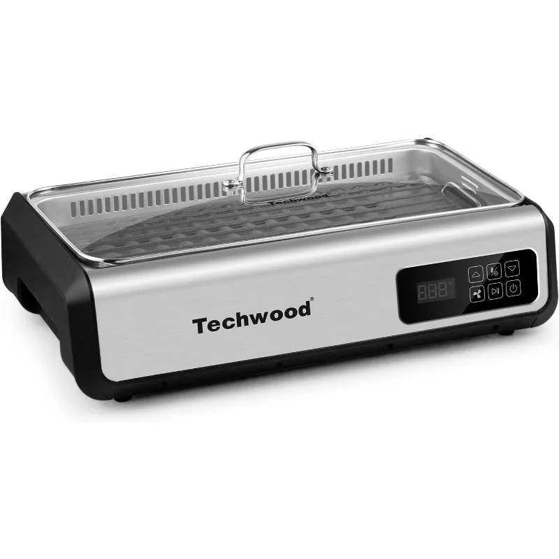 Techwood-parrilla eléctrica sin humo para interiores, parrilla de 1500W con tapa de vidrio templado y Panel de Control inteligente LED, placa de parrilla única