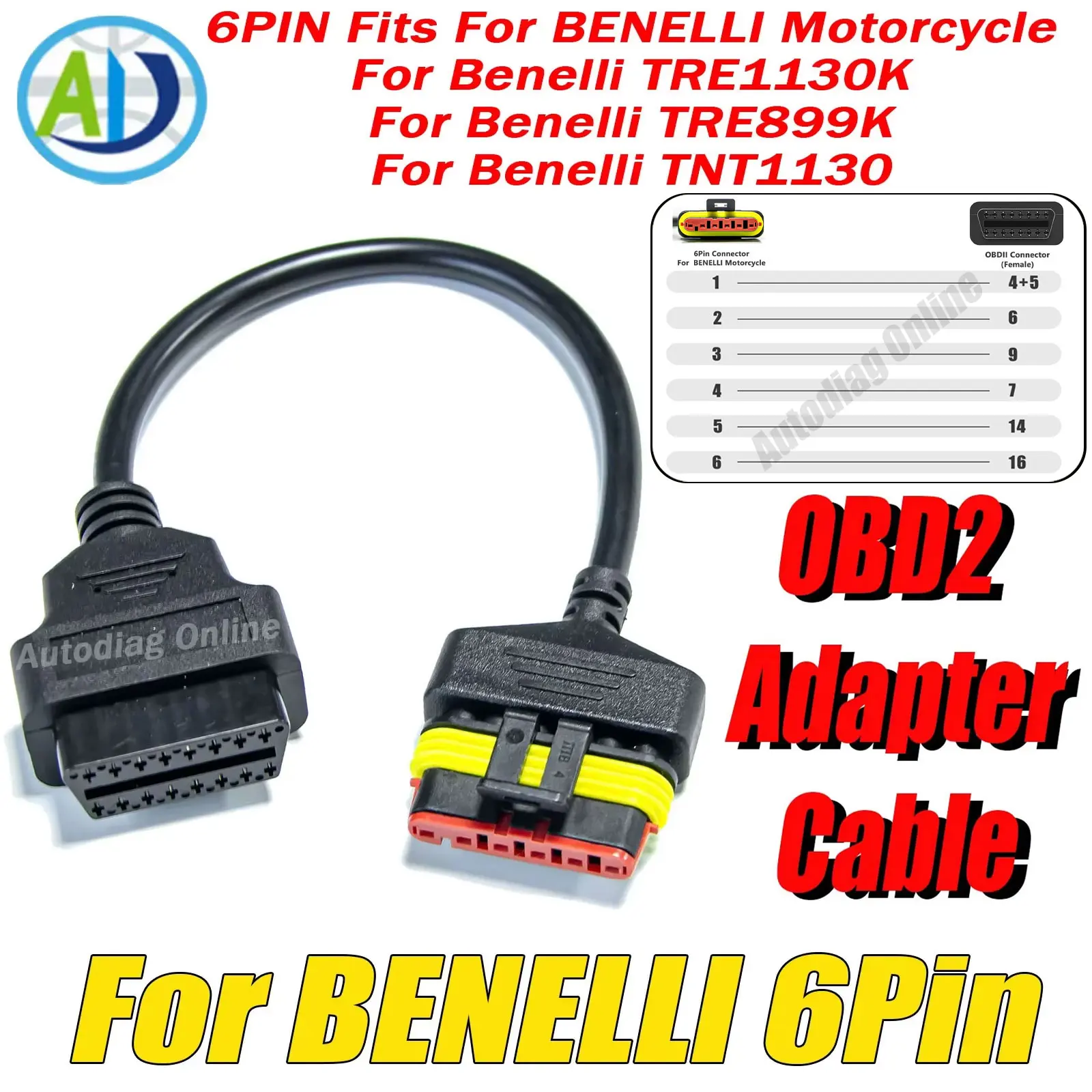 

OBDII Diagnostic Cable For Benelli 6Pin Motorcycle OBDII Connector For TRE1130K TRE899K TNT1130 6Pin to 16Pin OBD2 Adapter Cable