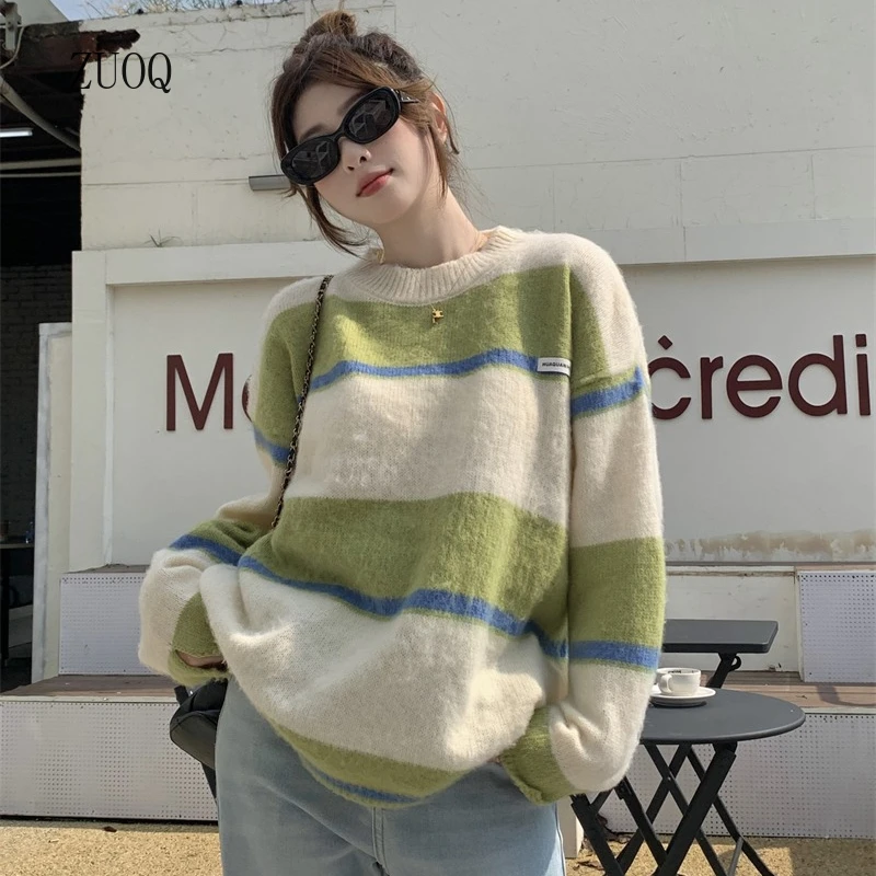 

Color Collision Striped O-neck Pullovers Women Loose Long Sleeve Knitwear Tops Autumn and Winter Korean Fashion Sweaters Female