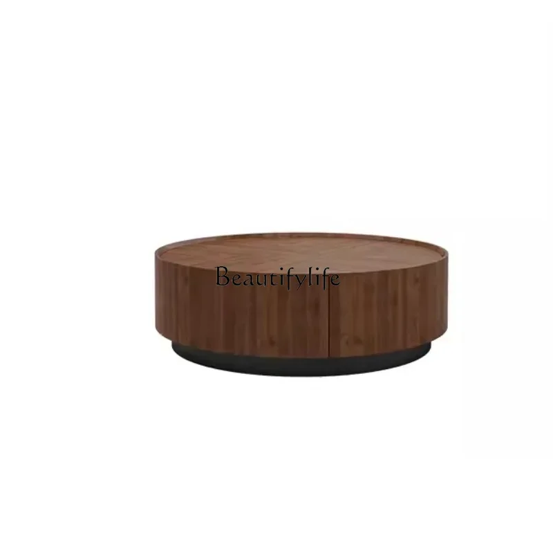 

round Solid Wood Coffee Table Modern Living Room Walnut Storage Coffee Table Light Luxury Coffee Table