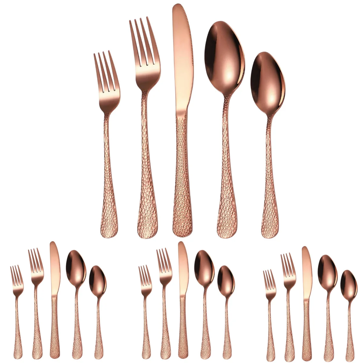 

A · HOUSEWARE Rose Gold Hammered Silverware Set Wide Round Handle 20 Piece Stainless Steel Flatware Forks Spoons Knives Parties