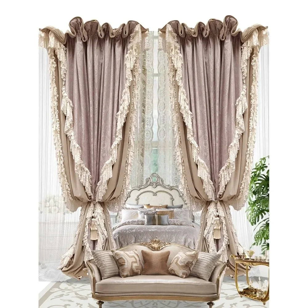 

French Palace Retro Luxury Curtains for Living Dining Room Bedroom Milk Tea Pink European Velvet American High-end