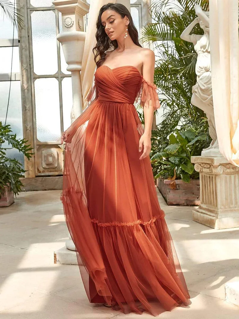 Ever-Pretty  Strapless A Line Sleeves Women\'s Maxi Sweetheart  Off-Shoulder  Ruched Tulle Evening Dresses