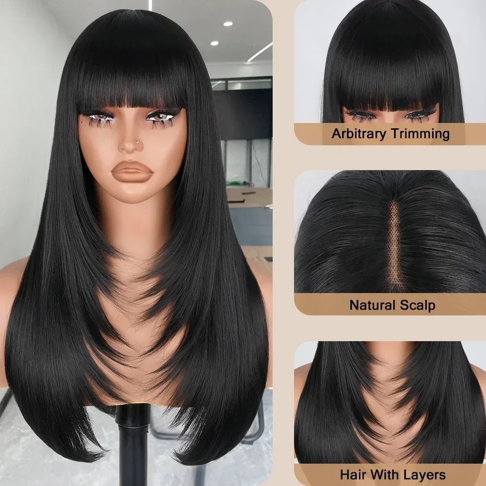 Straight Layered Cut Wigs with Bangs HD Lace Fake Scalp Synthetic Natural Layered Lace Wig For Women Glueless Heat Resistant Wig