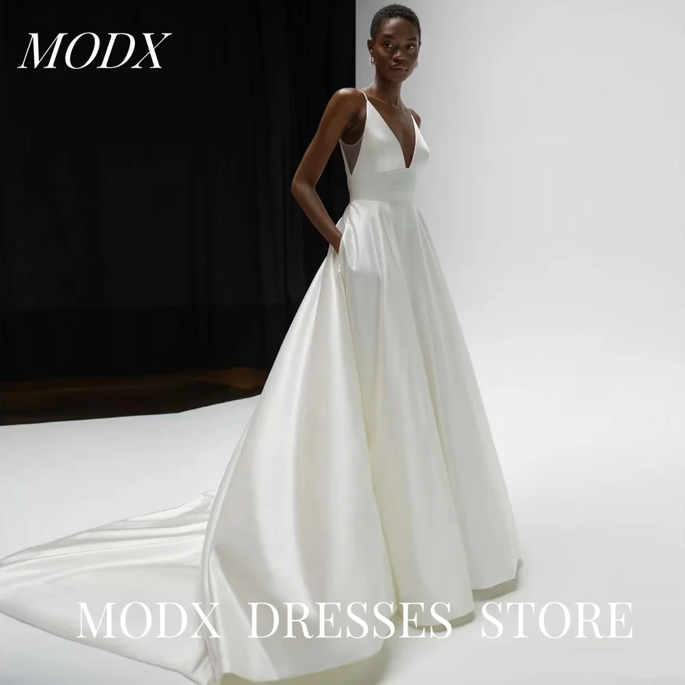 

MODX Elegant A Line Wedding Dresses 2025 V-Neck Sweep Train Satin Custom Made Brides Wedding Party Dress Corset Customized