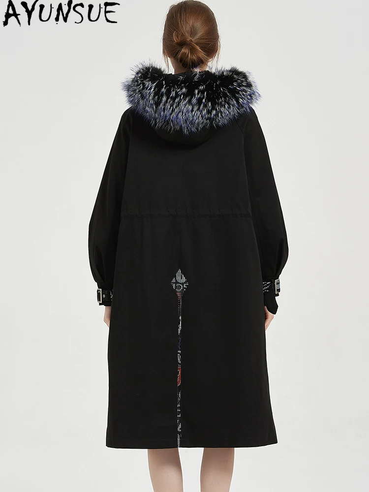 AYUNSUE 렉스 토끼 모피 파카 여성 리얼 모피 코트 후드 겨울 여성 의류 아우터웨어 신상품 폭스 모피 칼라 여성용 코트