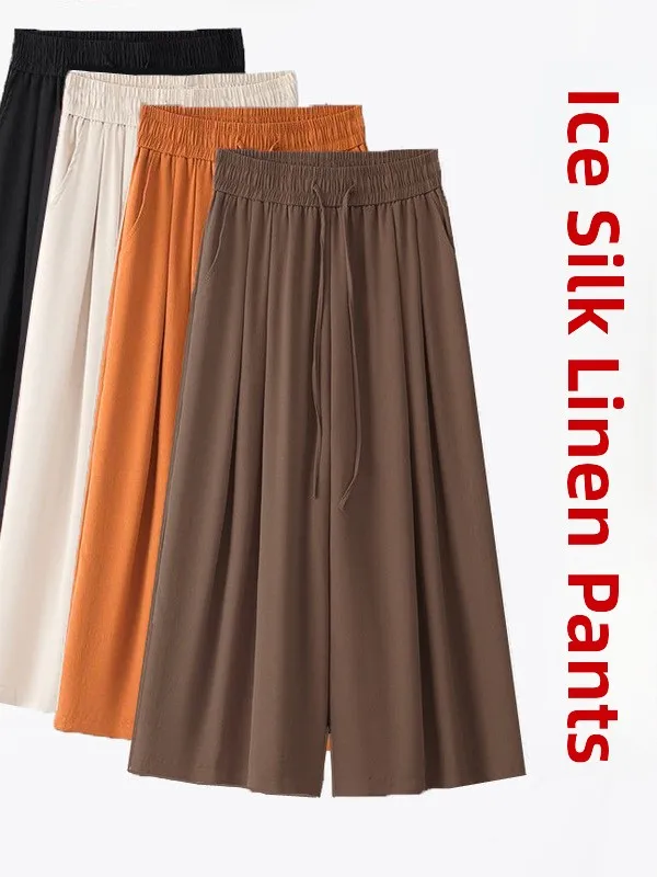 Ice Silk Loose Wide Leg Pants Women's Summer Thin Seven-Foot Casual Pants New 2025 Mom Pants High Waist Korean Style Commute