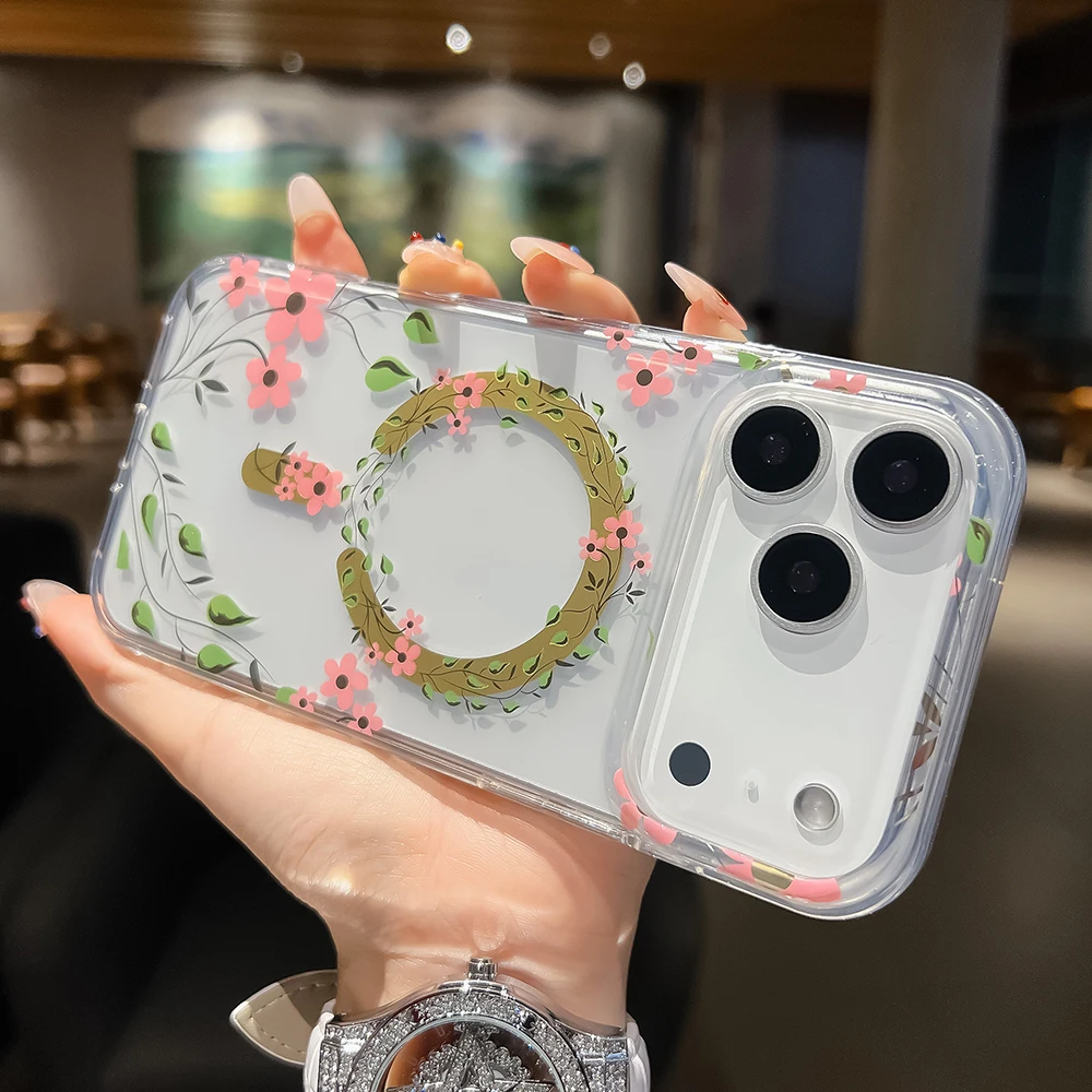 Luxuriöse Blumen-Magsafe-Handyhülle für iPhone 18 17 16 15 14 13 Pro Max 16E Magnetische Kabellose Ladefunktion Stoßfeste Hartschale – Detail 4