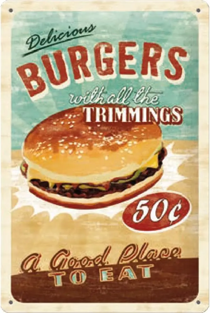 Nostalgic-Art Retro tin sign, 7.9; x 11.8;, USA Diner Delicious Burger – Gift idea for fans, made of metal, vintage design