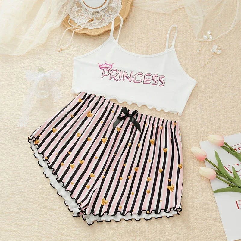 

Summer Pajamas Set Women Sleepwear Sexy Lingerie Casual Sleeveless Striped Tank Top Vest + Shorts Set Pijamas Homewear