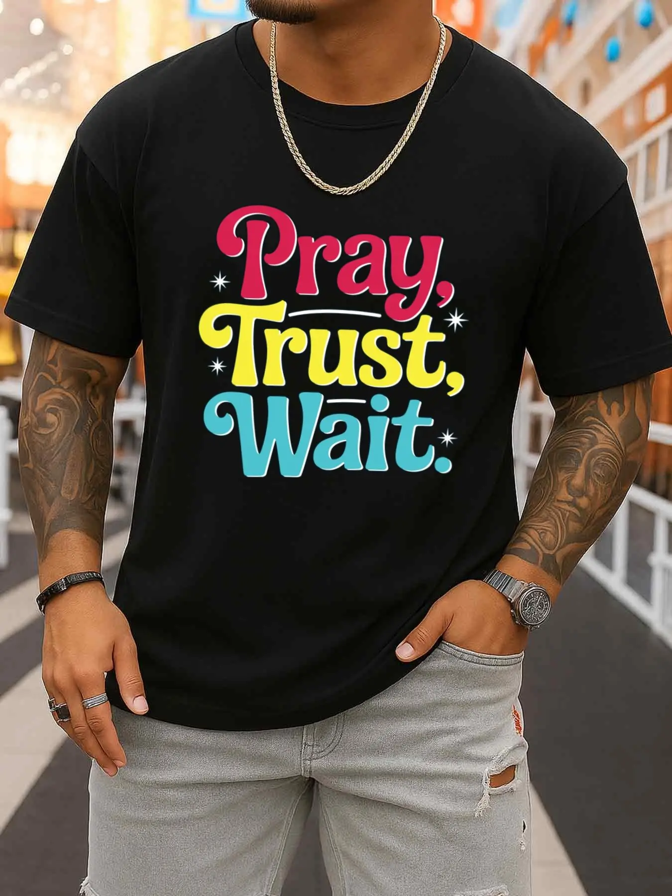 Pray, Trust, Wait T-Shirt Men's Black Crew Neck Top, Limited Edition, Stylish Summer T-Shirt, Machine Washable, All-Season Gym Top, Fashionable Sporty Look, Durable Sportswear, Perfect for Workouts, Easter Gift
