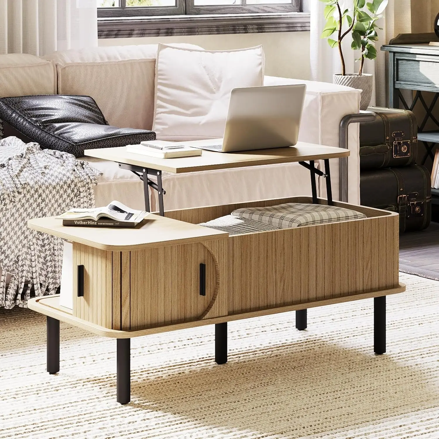 

Lift Top Coffee Table,Rectangular Fluted Coffee Table with Hidden Storage,Metal Handles,and Metal Legs,Suitable, Customized