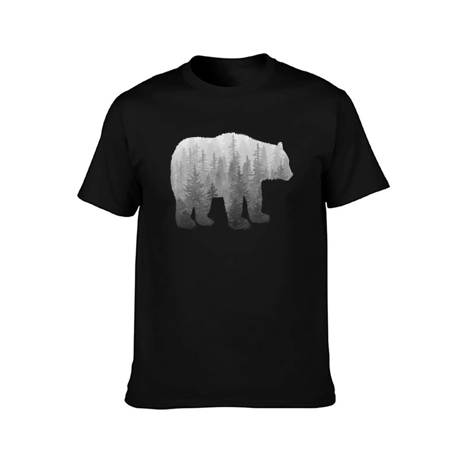 Misty Forest Bear - Black and White T-Shirt Basic Regular Fit Casual T-Shirt