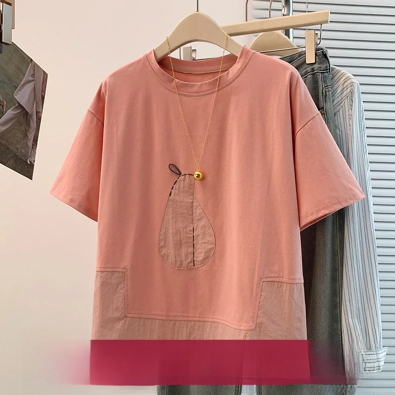 

Новый летний стиль, корейский дизайн, повседневная универсальная футболка с короткими рукавами и цветовыми блоками, тонкий женский топ больших размеров из смесового хлопка