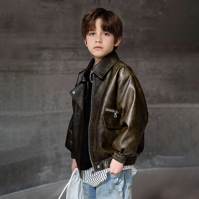 Teenager School Boys PU Leather Stylish Biker Outerwear for Kids Casual Versatile Streetwear Coat Spring/Autumn Children Clothes